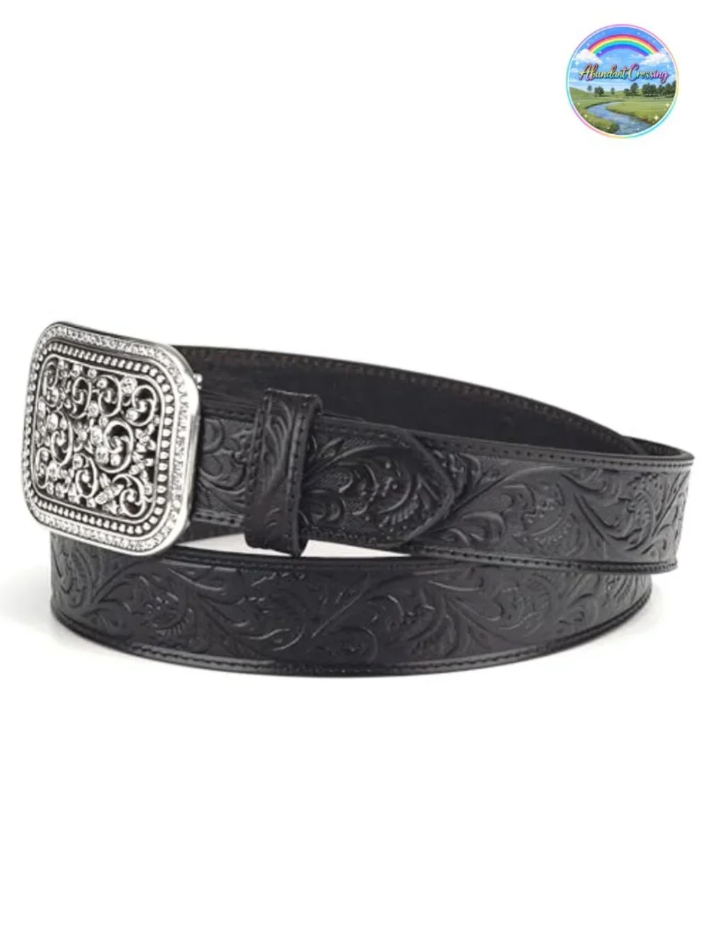 Women's Rhinestone Western Belt - Embossed Leather 1.5